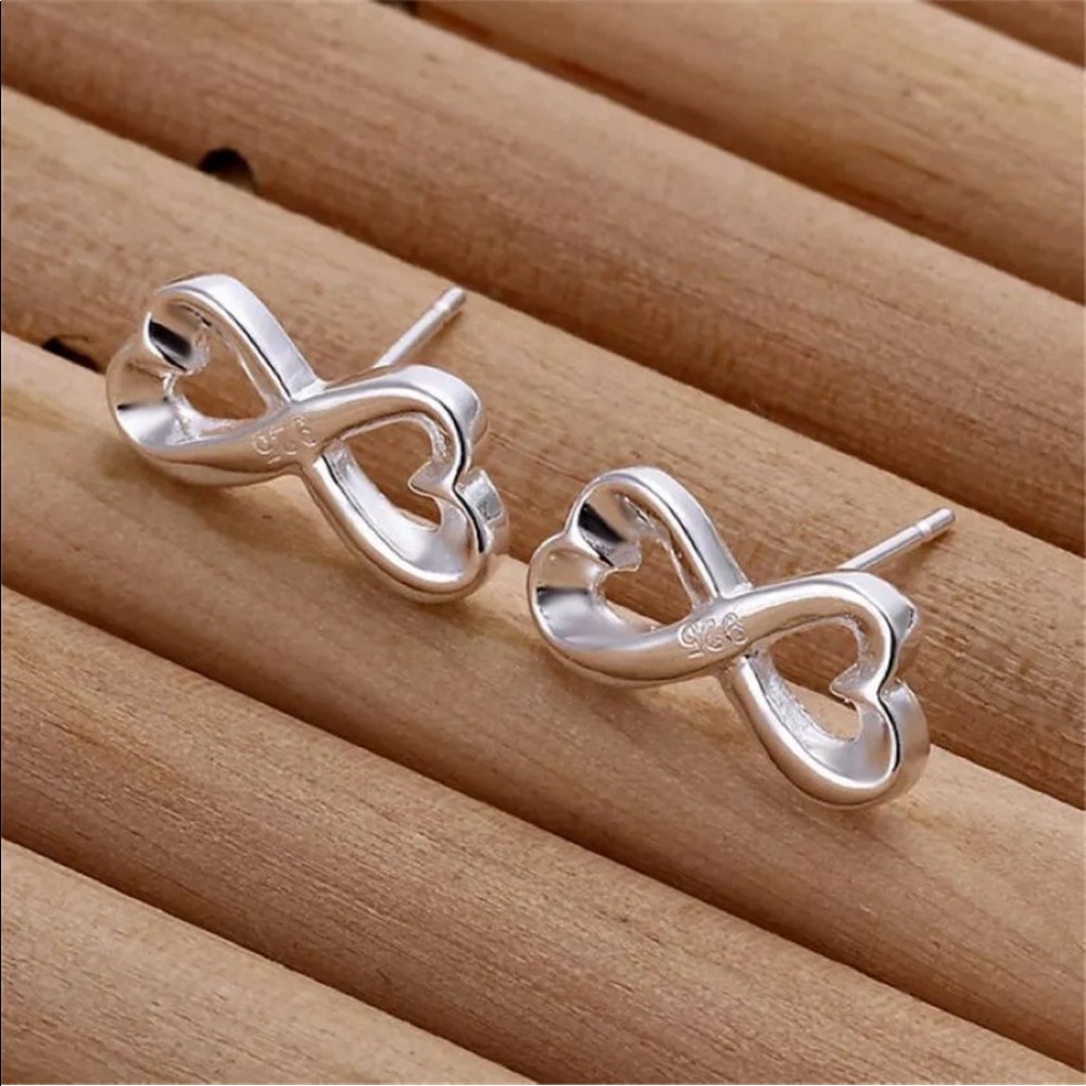 💖 Sterling Silver Double Heart Eternity Stud Earrings NEW - Picture 5 of 7